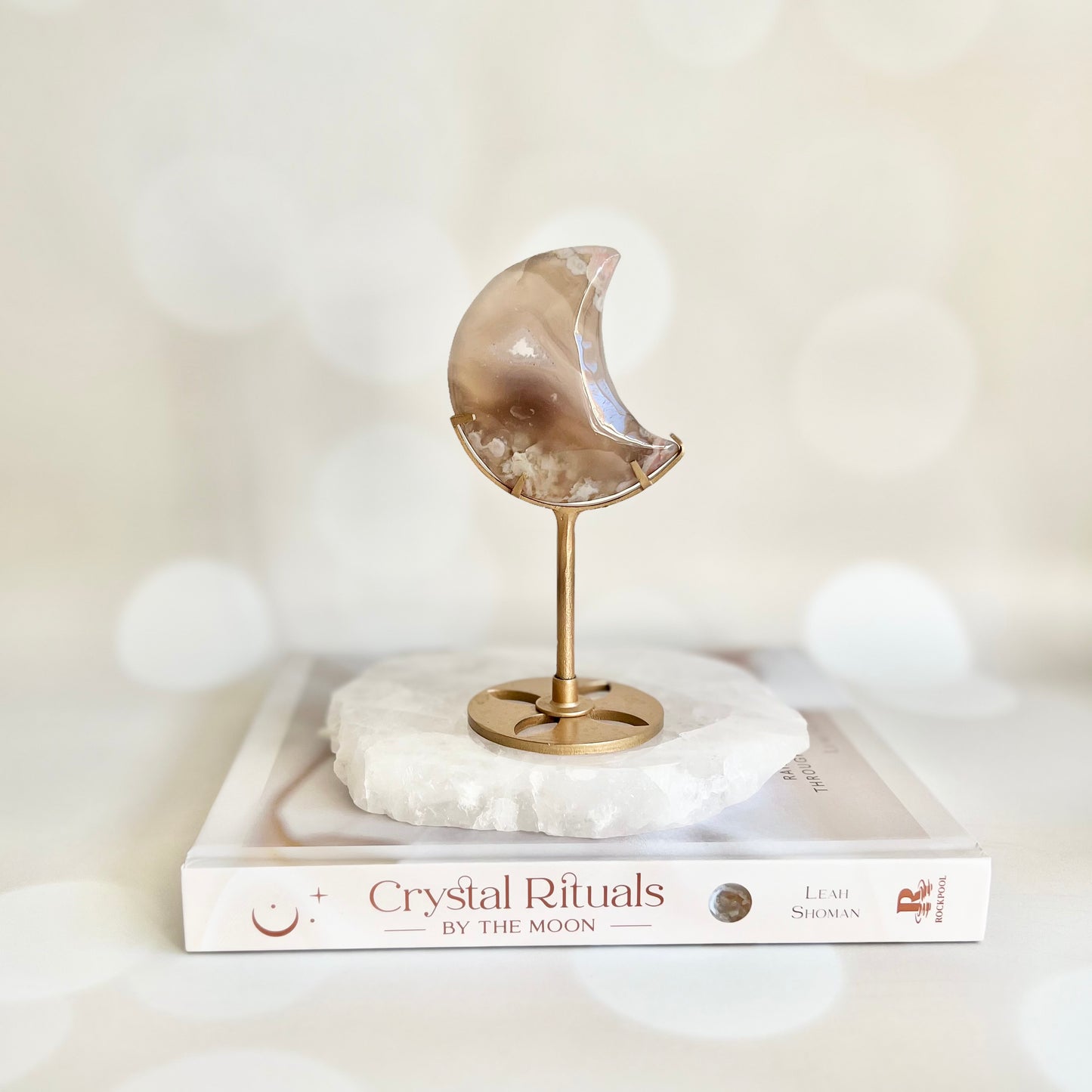 Flower Agate Moon With Gold Stand #3