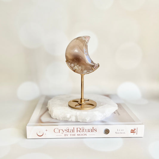 Flower Agate Moon With Gold Stand #3