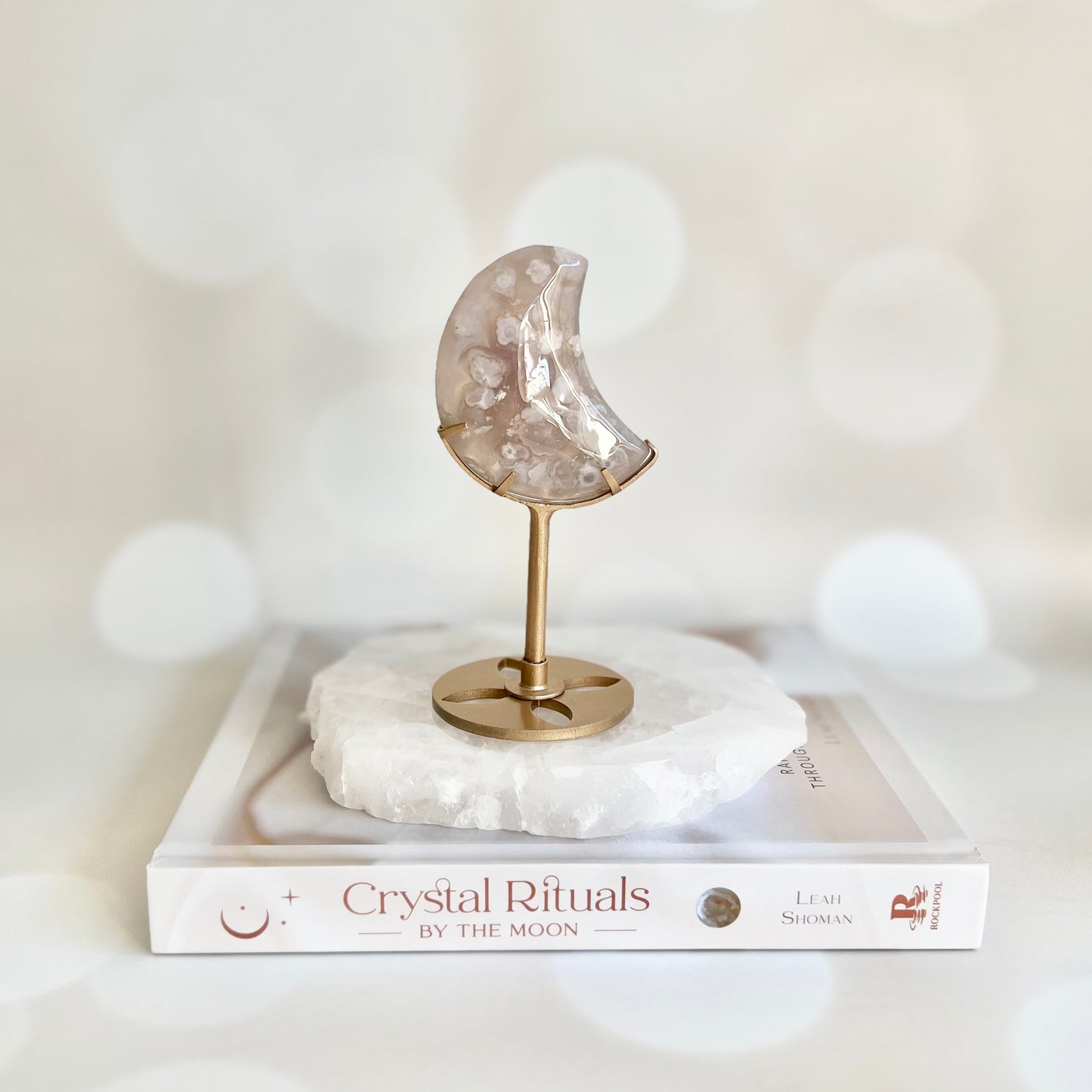 Flower Agate Moon With Gold Stand #1