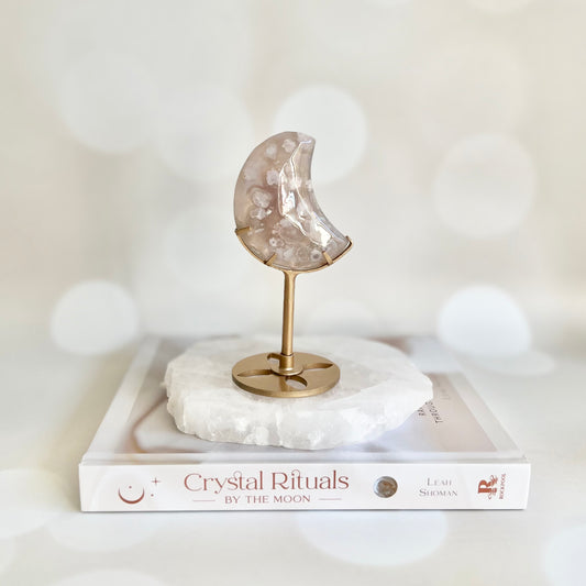 Flower Agate Moon With Gold Stand #1